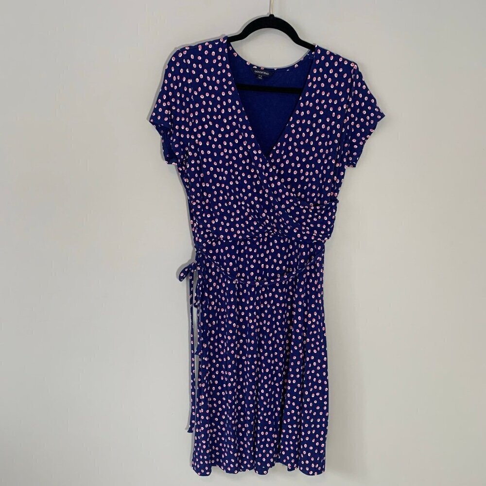 Lands' End Wrap Dress Women 14-16‎ Blue Pink Polka Dot Short Sleeve Jersey Knit